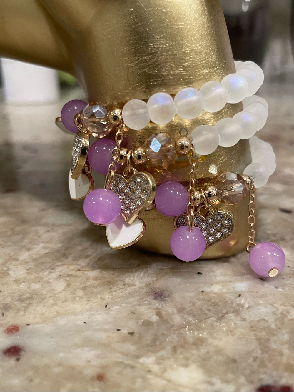 Iridescent Bead Bracelet Stack of 3 with Heart charms - NWOT